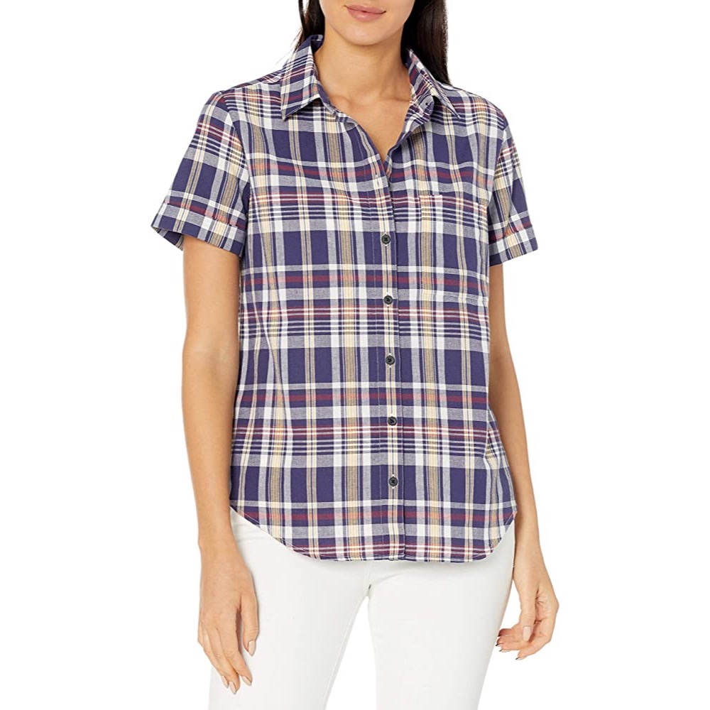 Pendleton Seaside Short Sleeve women’s button down shirt NEW Medium navy plaid